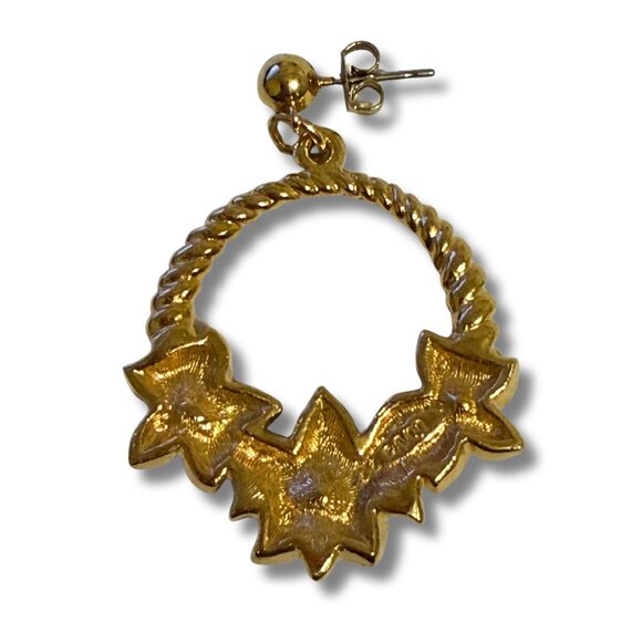 Avon Vintage Poinsettia Hoop Earrings Gold Tone Red Enamel Christmas Holiday - Picture 4 of 5